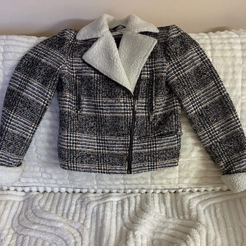 Maralyn & Me Black and White Plaid Teddy Jacket